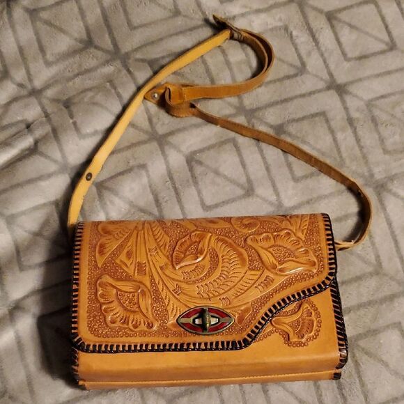 Vintage Hand tooled leather shoulder bag, 6x9 Reversable Amazing Details - Picture 1 of 16